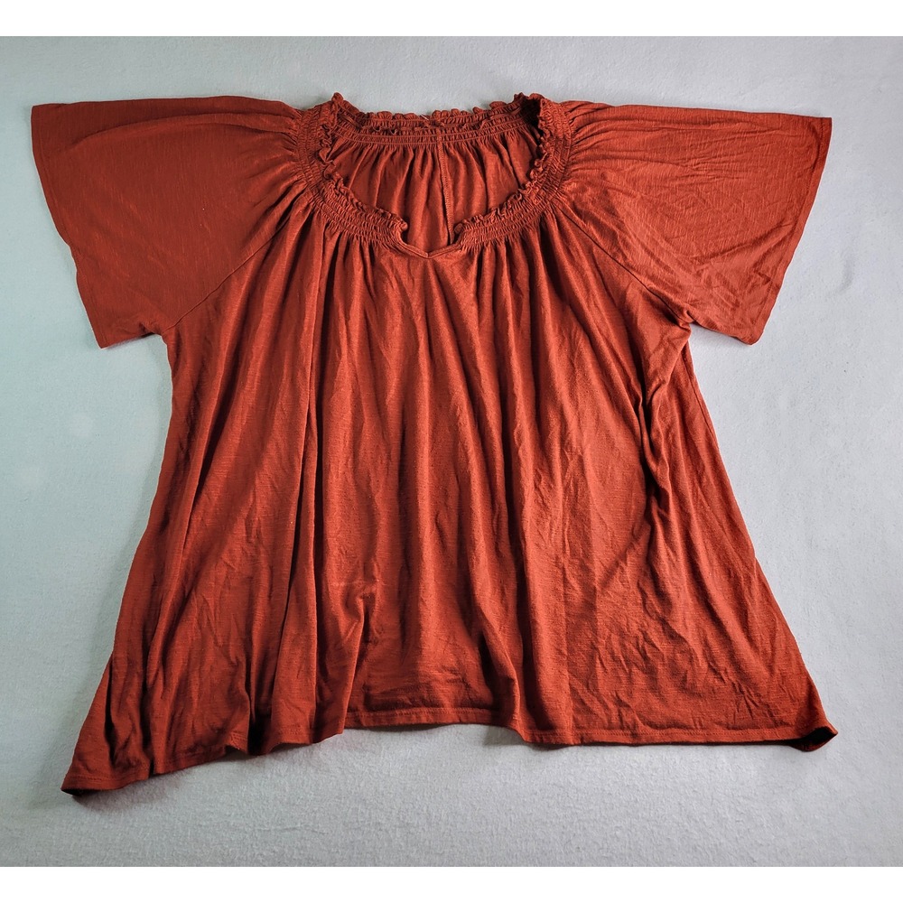 Terracotta Orange Smocked Ruffle Neck Slub Knit Blouse Top Plus Size 3X